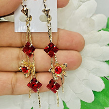 Women's Jewelry 14k Yellow Gold Plate Square Flower Red Cz Dangle Earrings 62
