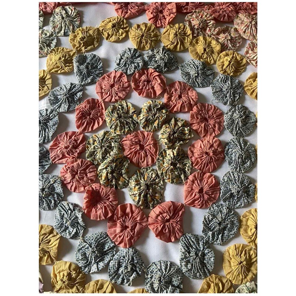 Antique Yo Yo Quilt 94” X 64” 1920s Cotton Fabric Pink Vintage Blanket