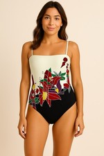 Gottex Vintage Swimsuit One Piece Floral Graphic Removable Strap Beach Sz 12