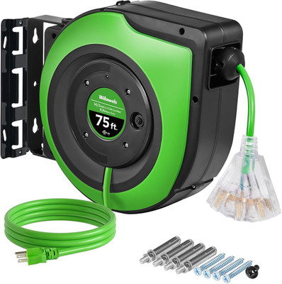 Retractable Cord Reel, 75 FT Heavy Duty Extension Cord, 14AWG/3C SJTOW, 3 Ground