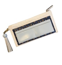 Tory Burch Embossed Leather Wallet Clutch White with Blue Floral Accent