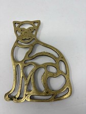 Vintage 1980s Solid Brass Kitty Cat Trivet Stamped Mann