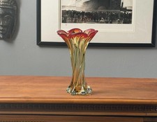 Large Handmade Art Glass Vase Red Amber Green Swirl Heavy Studio Glass 27cm