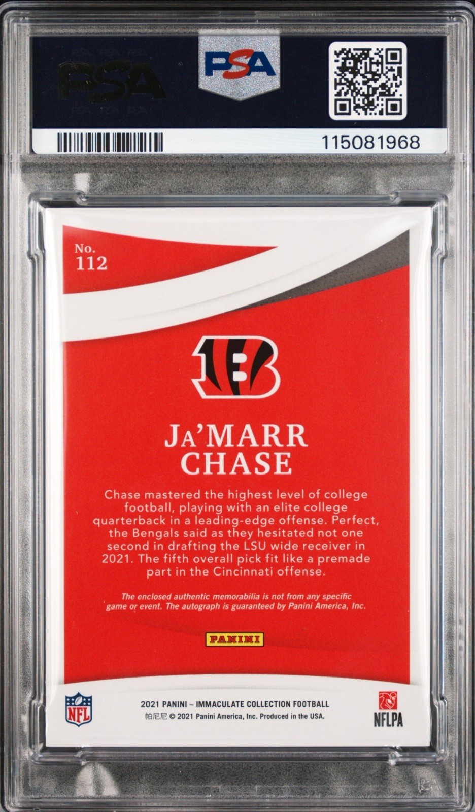 2021 Immaculate Ja'Marr Chase RC RPA 3 Color Patch /99 PSA 8 Auth Auto Rare view 2