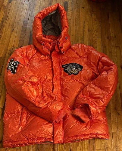 Avirex Men’s Hooded Puffer Jacket XL/2XL Orange Gray Full Zip Snap Varsity - product listing photo