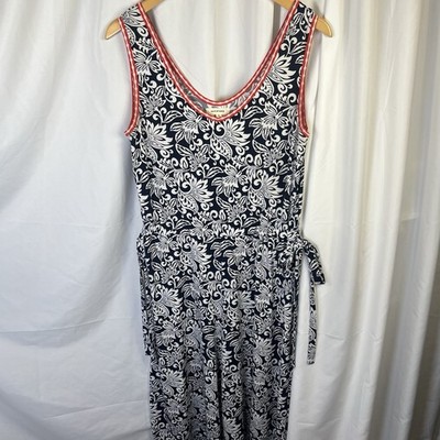 MaxStudio Tank Jumpsuit Stretch Long Navy RedFloral Preppy Pockets Small EUC