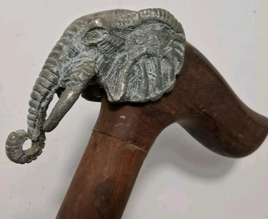 Vtg Handcarved Wood Cane Metal Elephant Head & Foot Wrap Read Look - Image 3 of 4