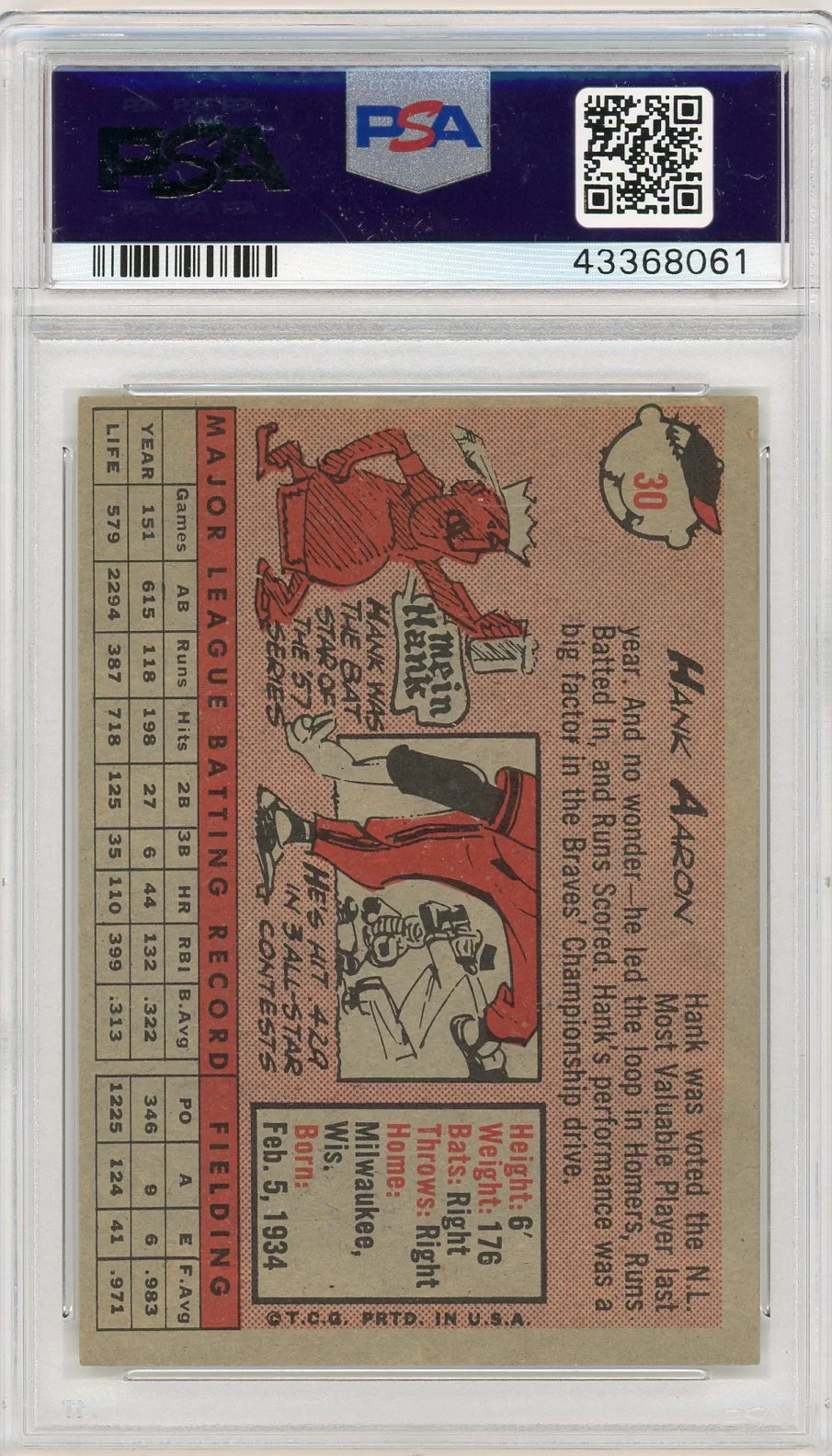 1958 Topps Hank Aaron #30 White Name PSA 5 view 2