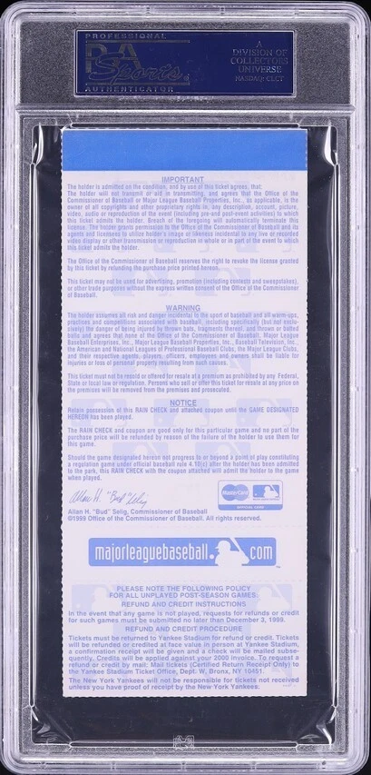1999 MLB WORLD SERIES FULL GAME 3 TICKET YANKEES BRAVES PSA 10 GEM MINT LOW POP - Image 2 of 2