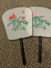 Vintage Flat Fans Red  Pink Flower Motif with Black "Bamboo" Handles