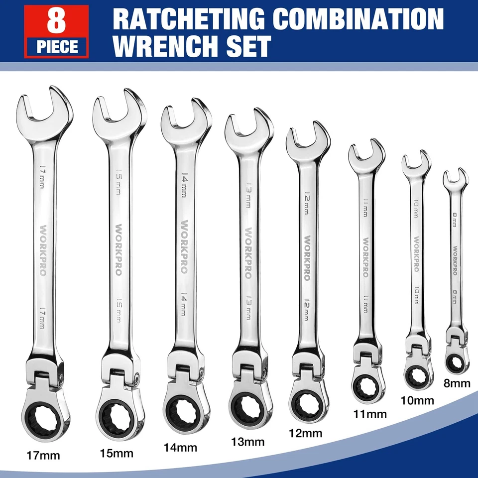WORKPRO 8 pc Flex-Head Ratcheting Combination Wrench Set Metric 8-17mm 72-Teeth - Image 2 of 4