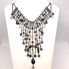 Victorian Revival Beaded Fringed Choker Necklace Gun Metal Chain