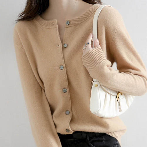 Women's Cashmere Blend Sweater Solid Color Crew Neck Button Cardigan Jacket Coat - Bild 4 von 23