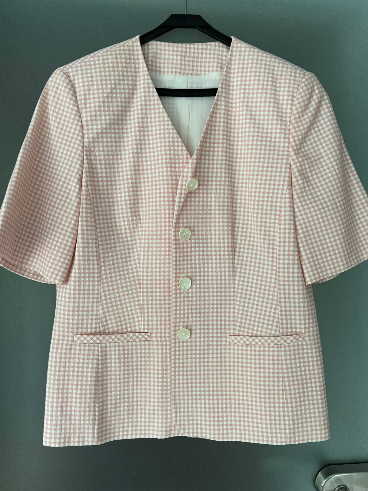 BLAZER, cuadros Vichy, cuadros rosa blanco, manga corta, muy atractivo, talla 40, estilo blusa árbol
