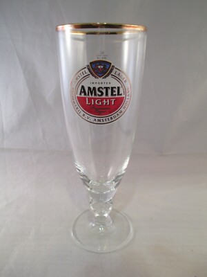 Amstel Light Pilsner beer Glass with gold rim and logo.