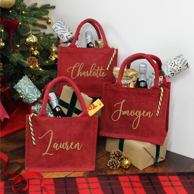 Personalised Christmas Gift Bag Red Christmas Party Bag Small Xmas Jute Bag  UK