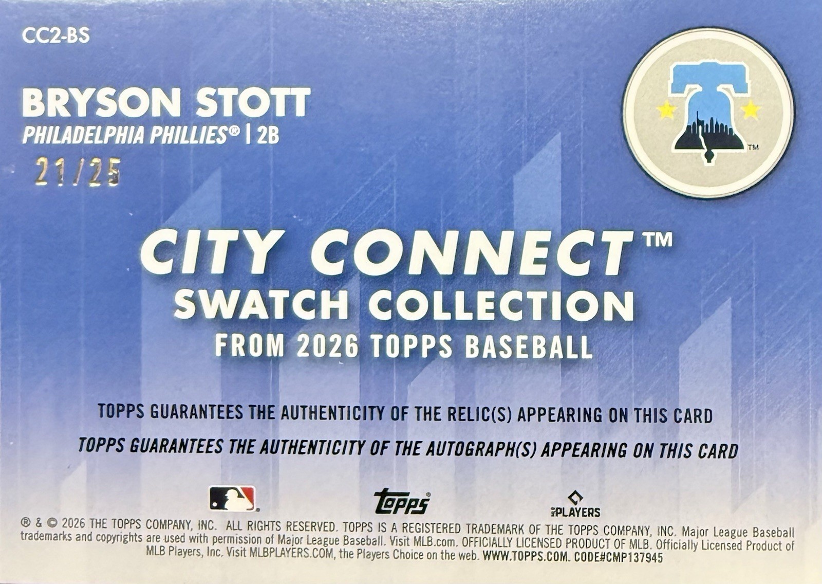 2026 Topps Series 2 Bryson Stott City Connect PATCH AUTO CC2-BS #/25 Phillies🔥 view 2