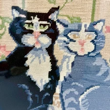 VTG Handmade Wool Needlepoint Tuxedo Gray Tabby Cats Framed Wall Art 12x12.5"
