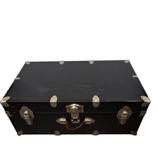 Vintage Black Steamer Trunk Chest With Brass Hardware Luggage Storage 30”