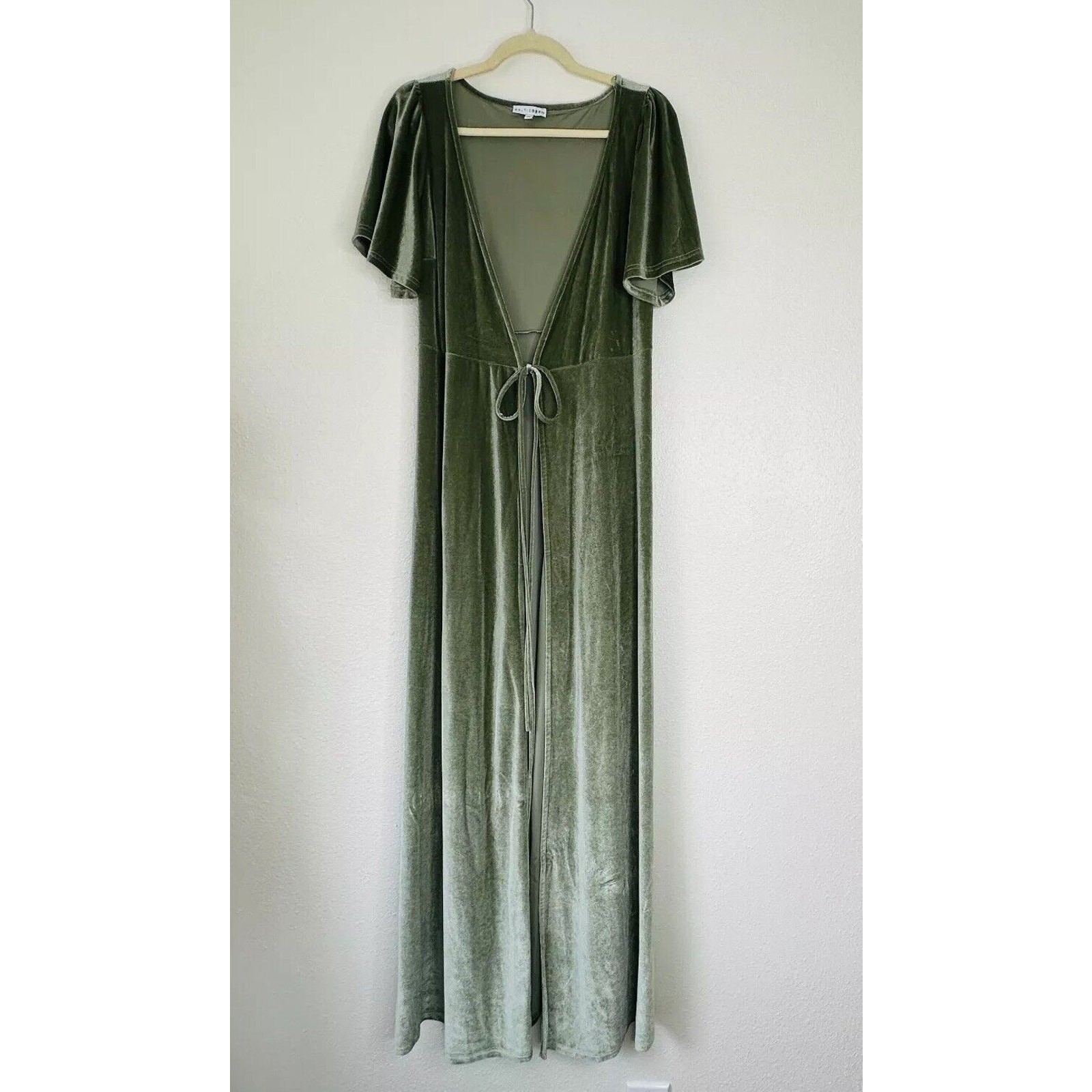 Baltic Born Light Sage Green Velour Short Flutter Sleeve Maxi Wrap Dress XS