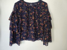 Madewell Womens S Navy Floral Chiffon Ruffle Sleeve Button Lightweight Blouse