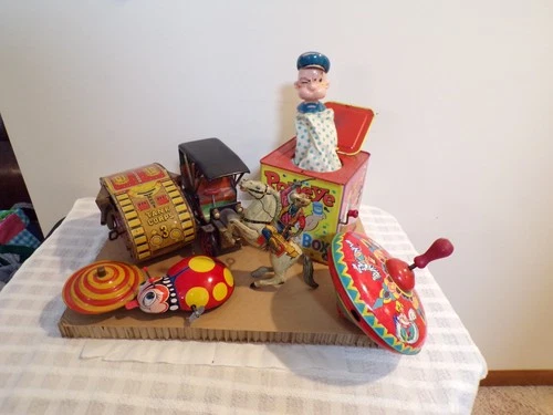 MIXED LOT 7 VTG. TIN TOYS 1938 LONE RANGER, J CHEIN TOP, KANTO LADY BUG, PLUS  4