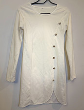 Women's White Solid Mini Dress M Long Sleeve Round Neck Button Accents