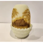 Custard Glass Candle Holder Cabin Scene, Scalloped, UV Glow, Tea Light