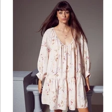 H&M Floral Print Mini Dress Long Sleeve Tiered Hem V Neck Beige Size S