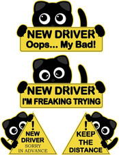 4Pcs Black Cat New Car Driving Magnets, Funny New Driver Magnet for Car Please B