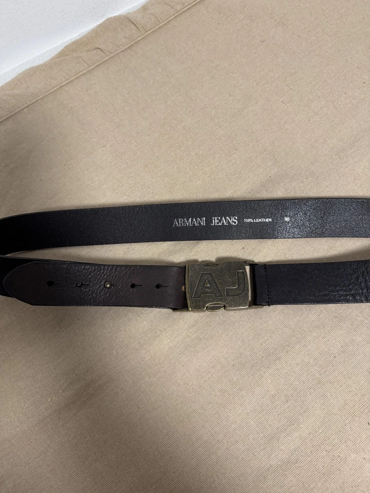 Cinto jeans masculino Armani 95 preto 100% couro logotipo AJ fivela bronze antigo casual - Imagem 2 de 4