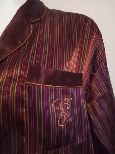 VTG Victoria’s Secret Women's Large Sleep Shirt Burgundy Satin Stripe GOLD LABEL
