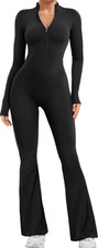 Black Solid Mock Neck Long Sleeve Zip Front Flared Leg Jumpsuit One-Piece L 6