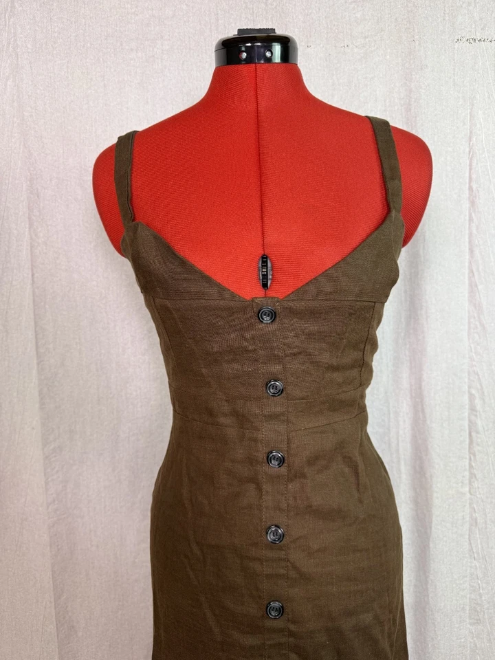 Maxi Vestido Faithfull the Brand La Piedra Talla 2 Lino Marrón Botones Correas E436 Foto 2 de 4