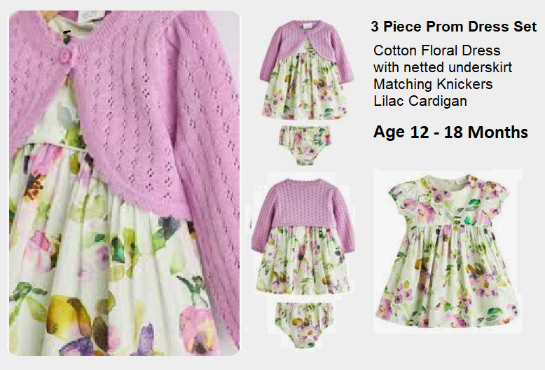 Próximo Conjunto de 3 Piezas - Vestido Floral Mallado Falda Bragas Cárdigan 12-18 Meses