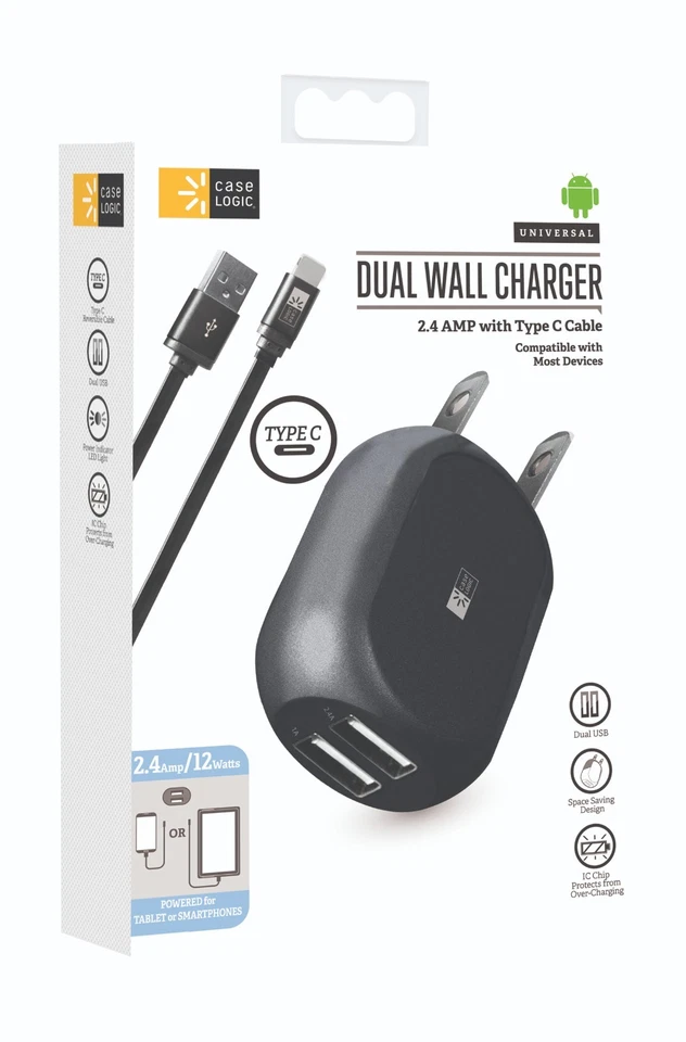 Case Logic 2.4 AMP Dual USB Wall Charger Universal Charger 110-220 Volt - Image 2 of 2