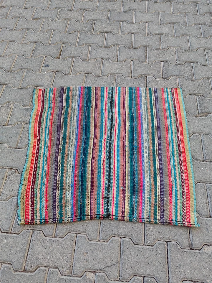 Vintage Turkish Rag Rug 2.9x2.7 ft | Colorful Striped Kilim Mat - Image 2 of 4