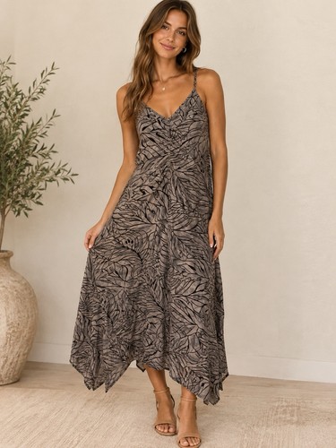 Boho Gray Black Botanical Print Maxi Dress Size M Spaghetti Strap