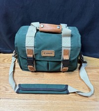 Vintage Canon Camera Bag Green Canvas Leather Trim Strap 12 x 8 x 8 Padded Case
