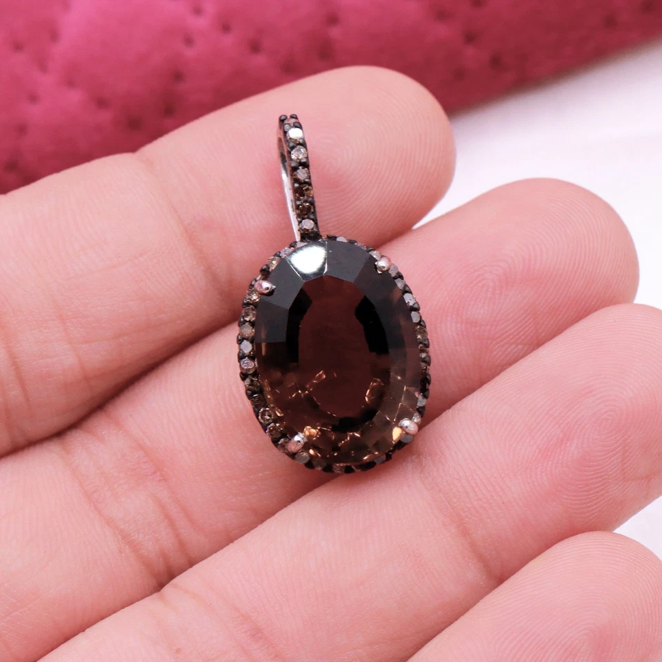 Natürlich Oval Schliff Rauchquarz & Diamant Anhänger 925 Sterlingsilber Schmuck - Bild 2 von 4