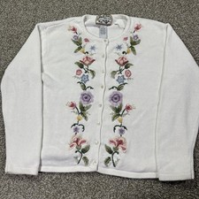 Vintage Tiara Heirloom Collection Flower Button Up Sweater Ivory White Size Med