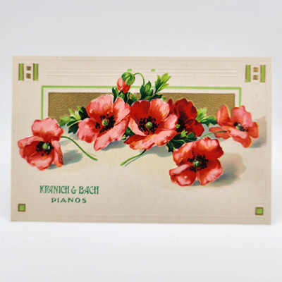 Postcard Kranich and Bach Pianos Ad Promo Red Flowers Embossed Antique