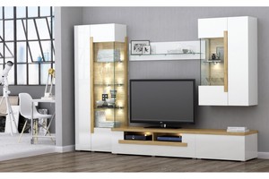 Design Wohnwand Dubai 5 Teilig Hochglanz Weiss Eiche Massiv Ebay