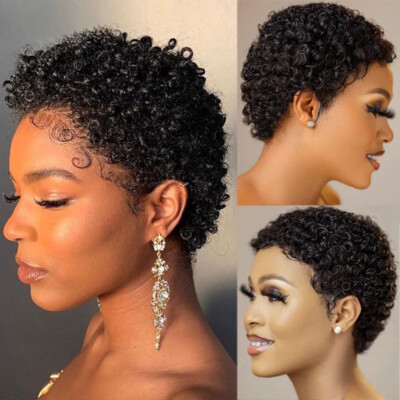 Human Hair Wigs Short Black Pixie Cut Afro Curly Wigs 