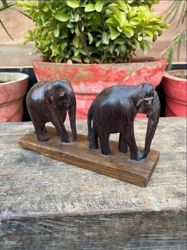 Ancient Wooden Hand Craved 2 Walking Decorative Elephant Figurine Panel - Picture 6 of 10