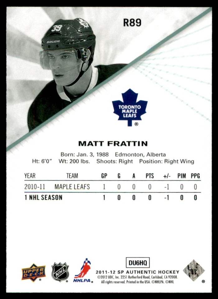 2011-12 SP Authentic Rookie Extended Matt Frattin #R89 - Image 2 of 2