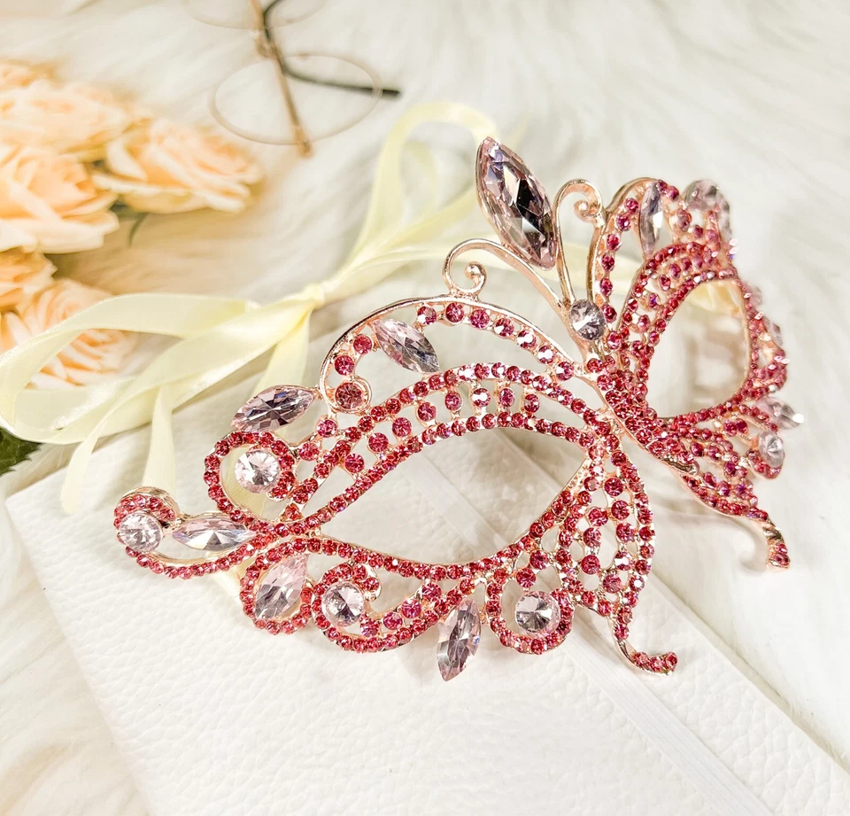 Butterfly Pink Masquerade Mask, Wedding Party Rose Gold Eye Mask, Venetian Party - Image 3 of 3