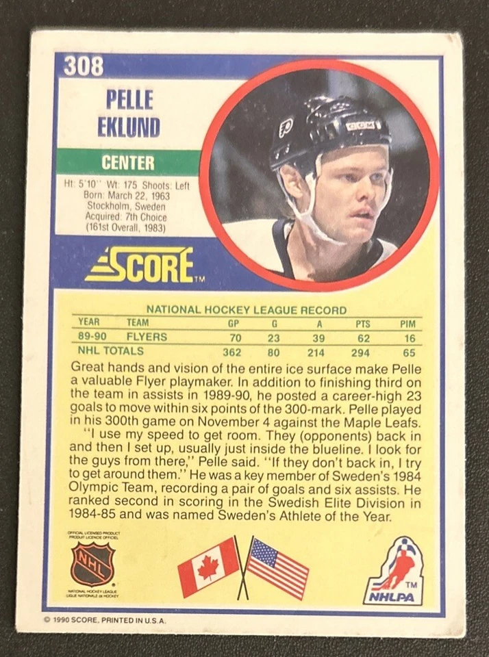 1990-91 Score Pelle Eklund Hockey Card #308 Flyers Center Poor O/C - Image 2 of 2