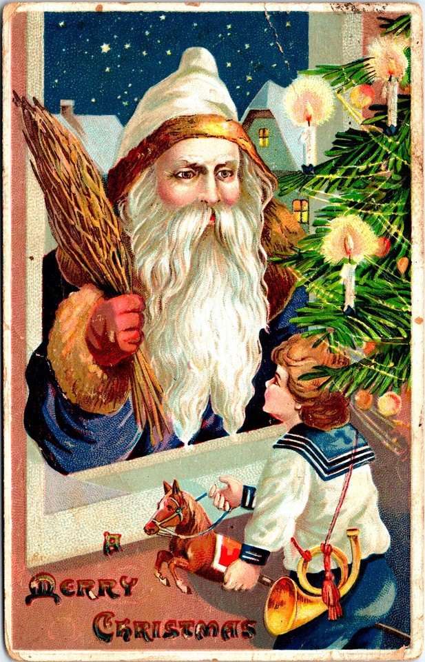 Blue & Gold Robe Santa Claus, Child, Tree,Toy Horse Embossed Christmas ...