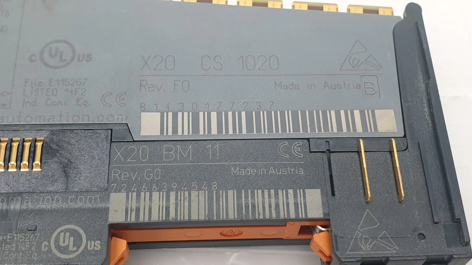Labels: X20 CS 1020 Rev. F0 and X20 BM 11 Rev. G0, Made in Austria, cULus and CE